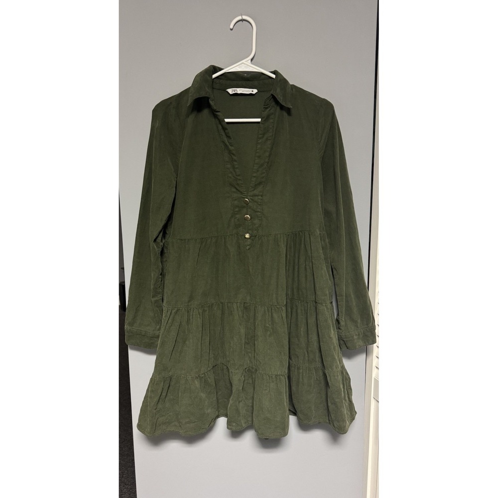 Zara Corduroy Women's Tiered Hem Collared Boho Dress Green Size‎ Extra Small